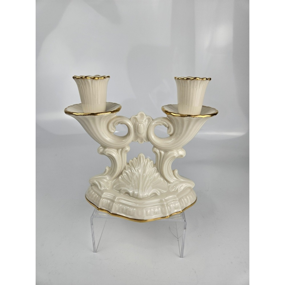 Lenox Double Candelabra Ivory Porcelain Gold Trim Rococo Scrollwork Made in USA